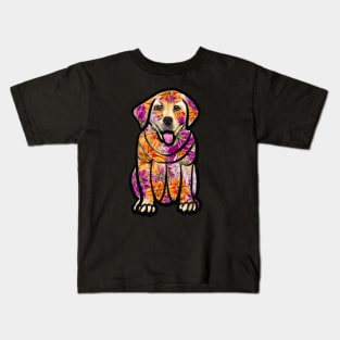 Dogs dog, Labrador retriever in flowers- doggie floral  cute Golden Labrador retriever puppy dog in winter beanie hat Kids T-Shirt